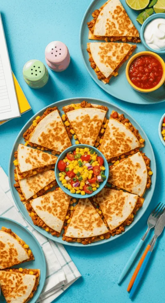 Service familial rentrée quesadillas bœuf cheddar salade condiments table conviviale