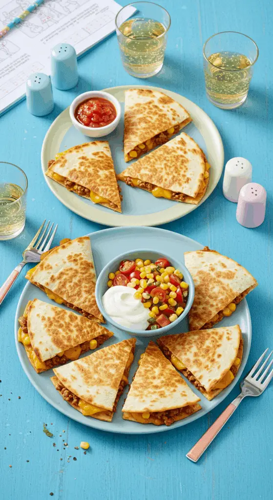Service familial rentrée quesadillas bœuf cheddar salade condiments table conviviale