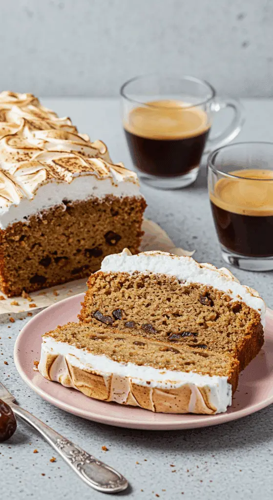 Service gâteau dattes café meringue tranche expresso élégant