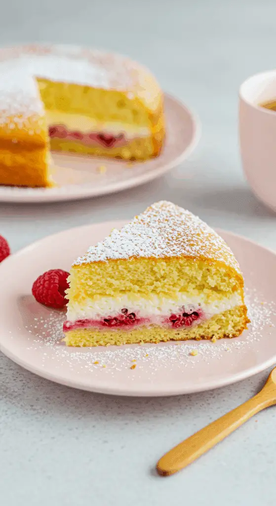 Service gâteau magique citron framboises tranche trois couches parfaites assiette