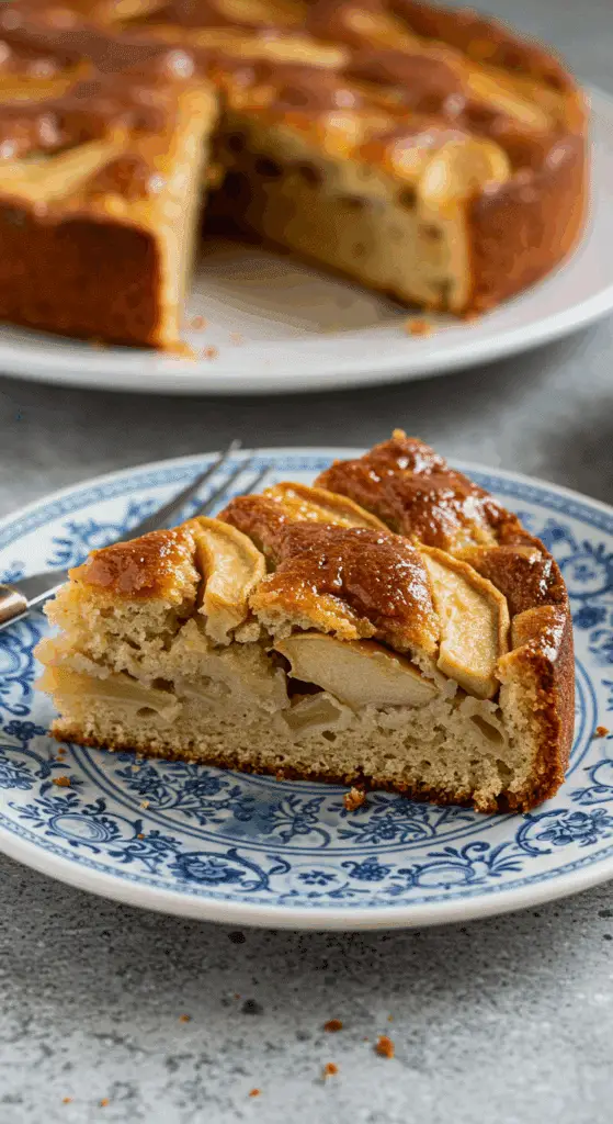 Service gâteau moelleux pommes poires glace vanille familial