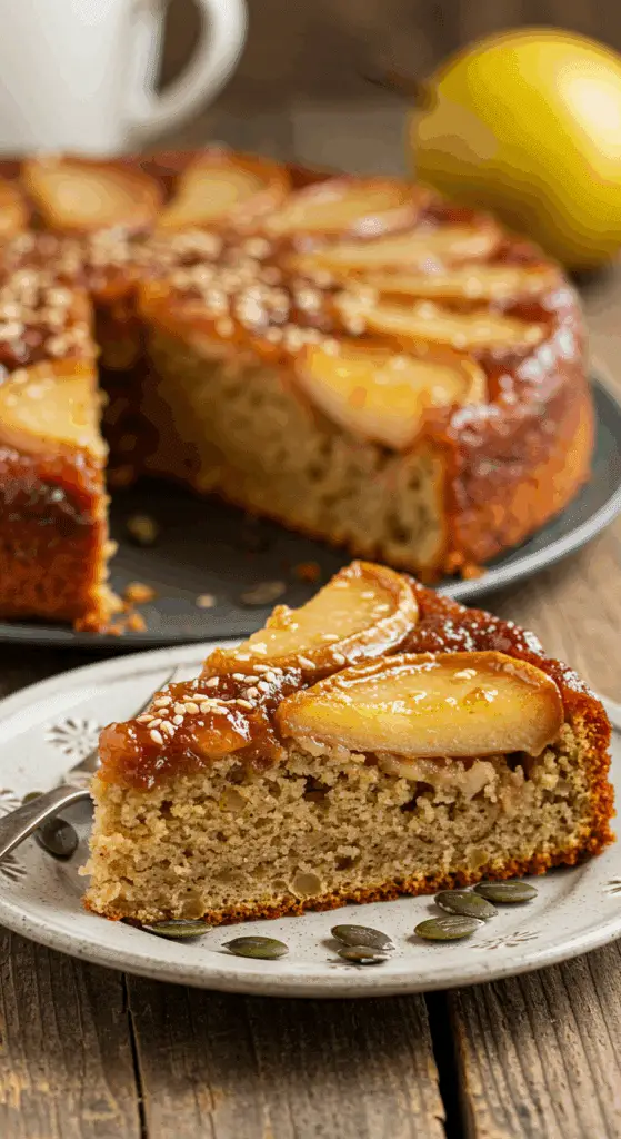 Service gâteau poires noix tranche sucre glace goûter