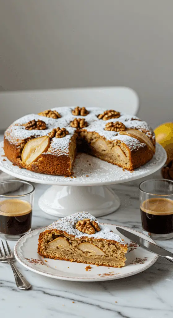 Service gâteau poires noix tranche sucre glace goûter