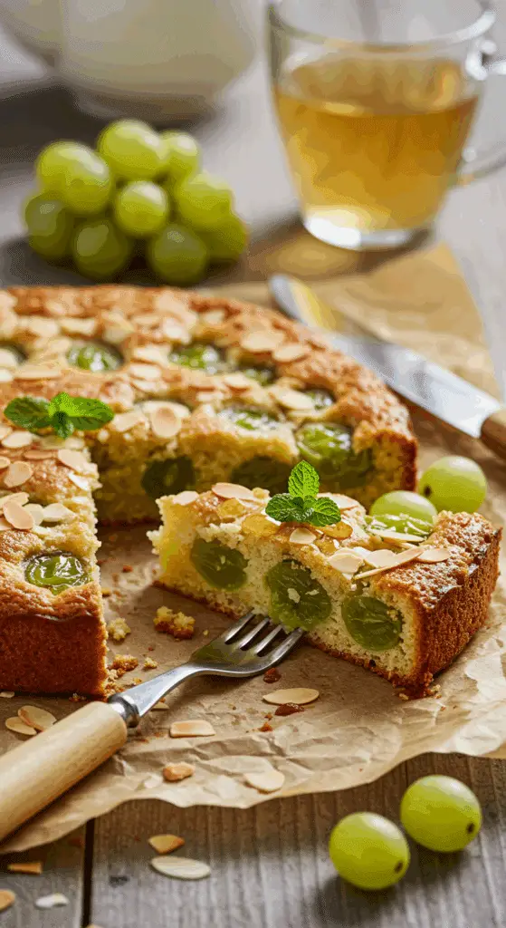 Part de gâteau tiède raisin-amandes servie avec glace vanille fondante sur assiette blanche