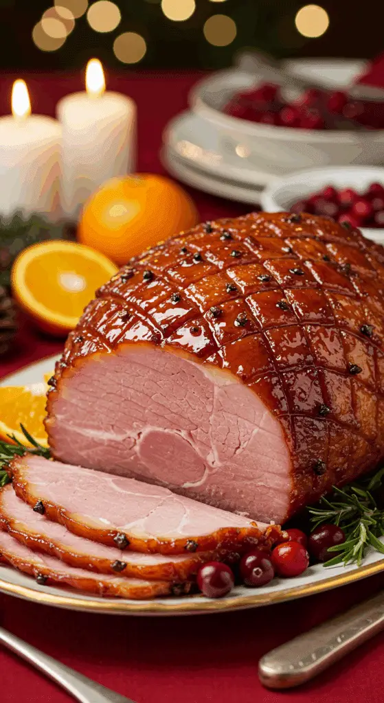 Service jambon laqué tranché plat assiette festif Noël brillant