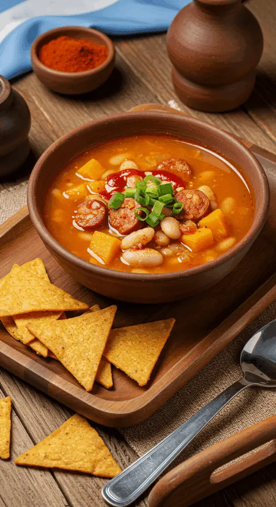 Service locro argentin sauce paprika rouge chips croustillantes
