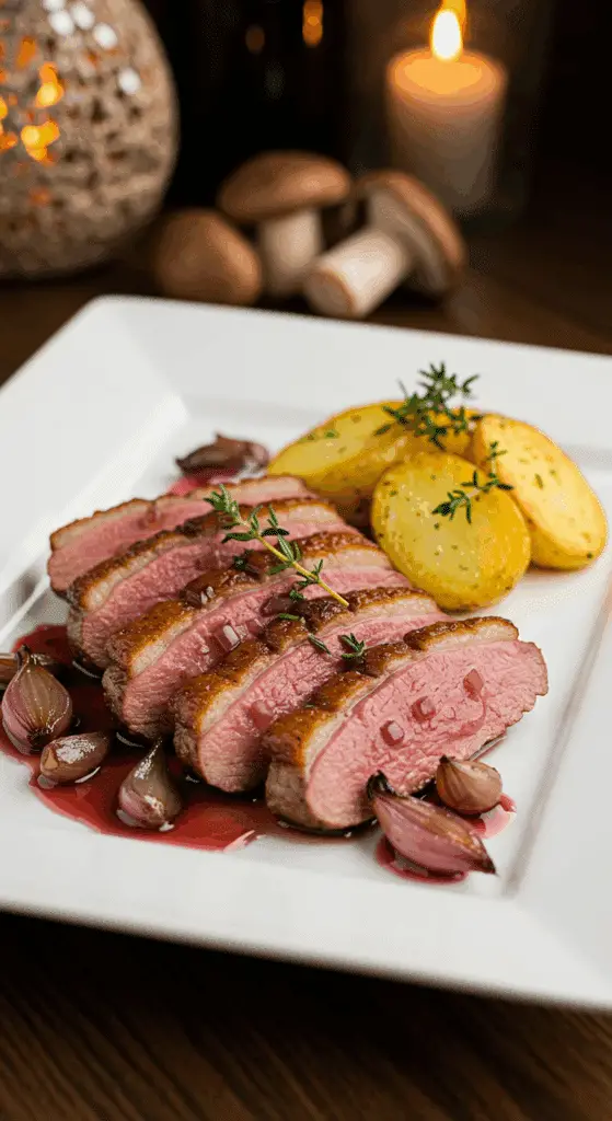 Service magret canard sauce vin assiette gastronomique élégante