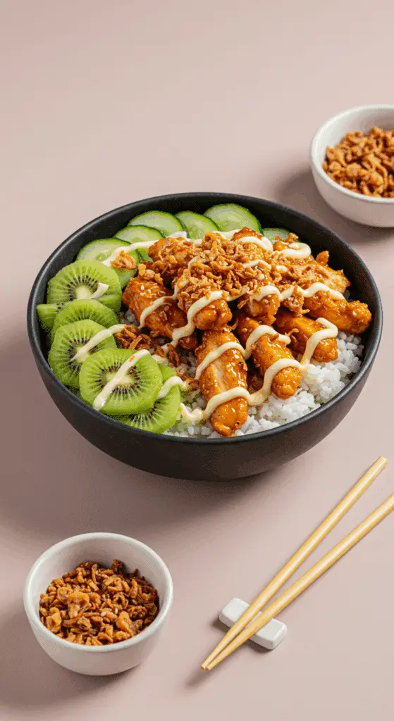 Service poké bowl poulet kiwi oignons frits artistique