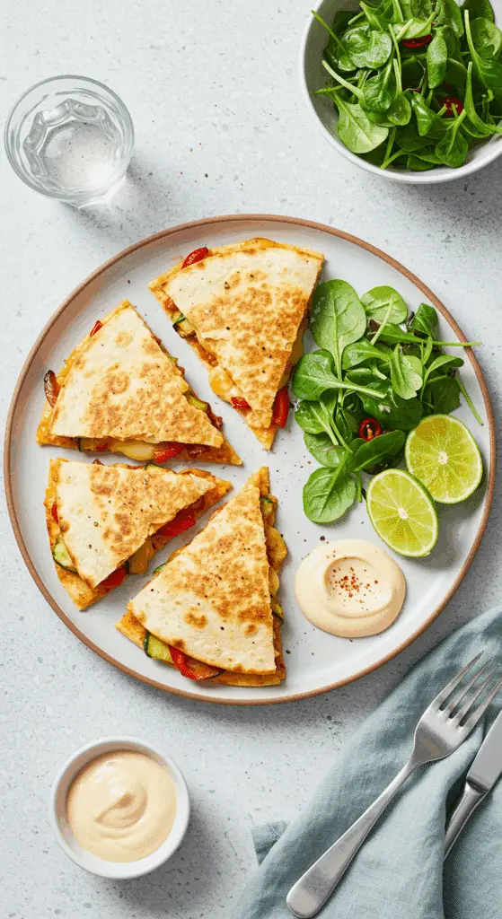 Service quesadilla légumes cheddar sauce fumée salade présentation