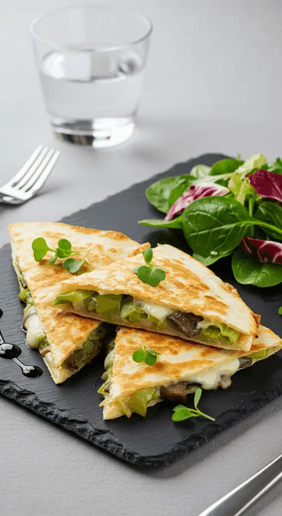 Service gastronomique de quesadillas fusion poireaux portobello avec salade et présentation étoilée