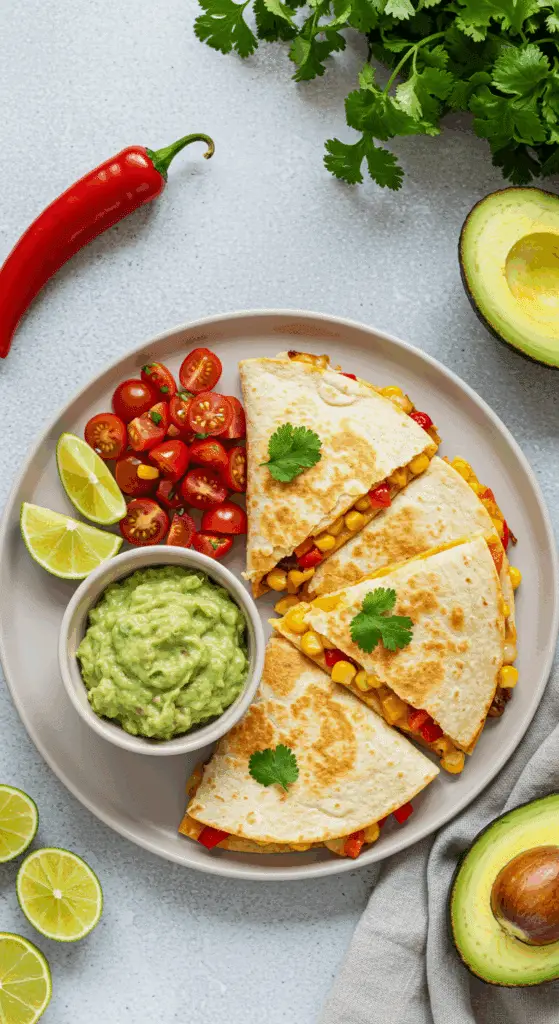 Service quesadillas légumes cheddar salade tomates avocat