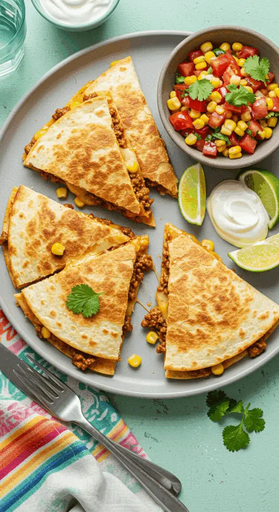Service quesadillas mexicaines bœuf cheddar triangles fromage filaments salade fraîche