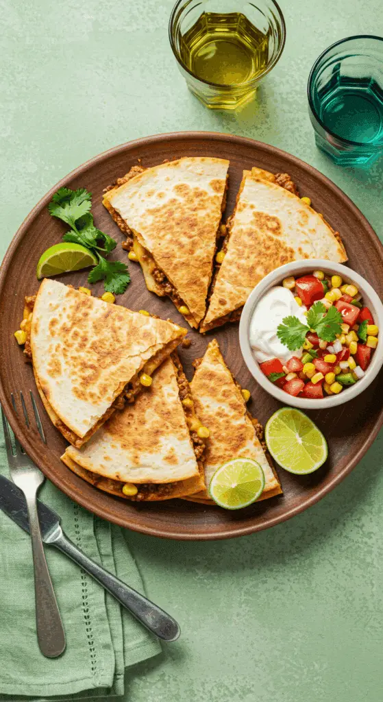 Service quesadillas mexicaines bœuf cheddar triangles fromage filaments salade fraîche