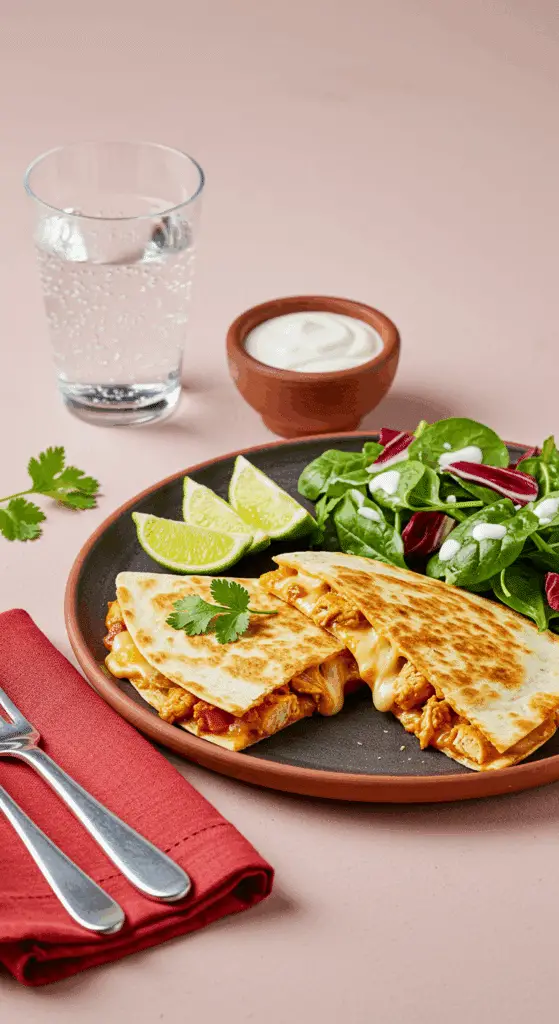 Service authentique de quesadillas mexicaines au poulet avec salade et condiments traditionnels