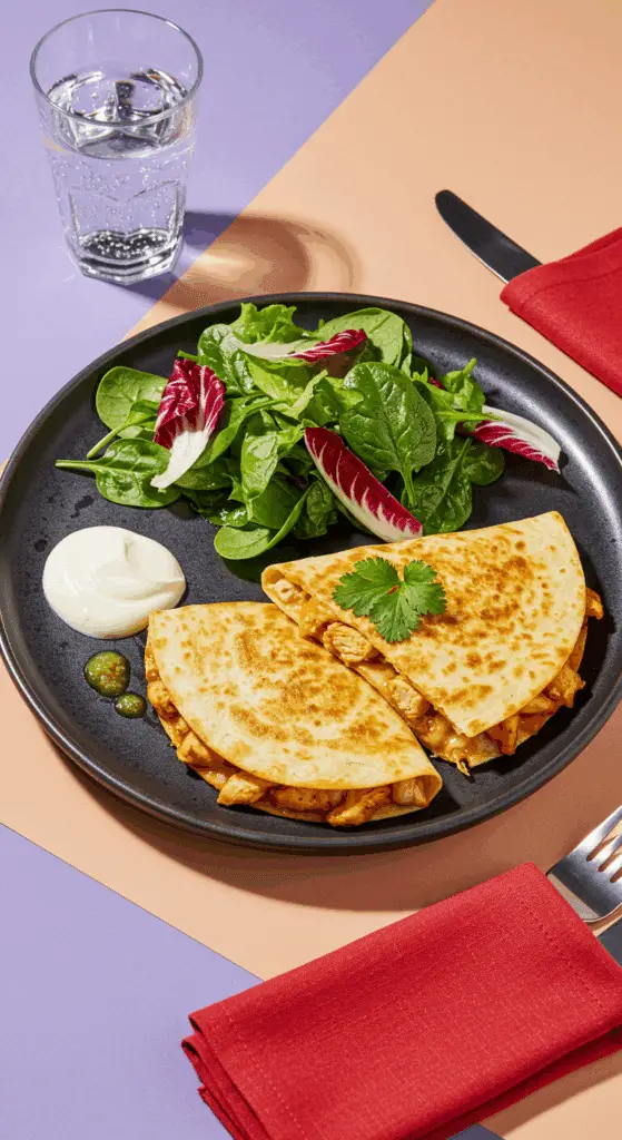 Service quesadillas mexicaines poulet salade accompagnements