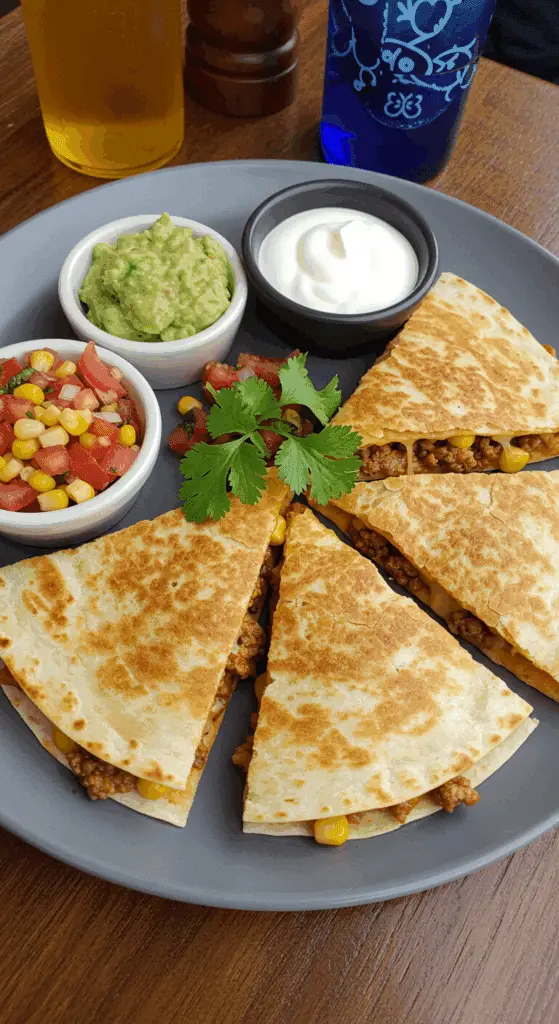 Service quesadillas mexicaines avec sauces accompagnements
