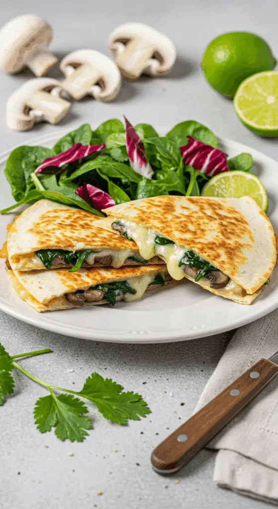 Service élégant de quesadillas veggie croustillantes avec salade fraîche vinaigrée
