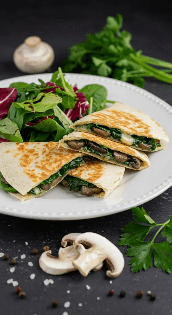 Service quesadillas veggie épinards champignons salade présentation raffinée