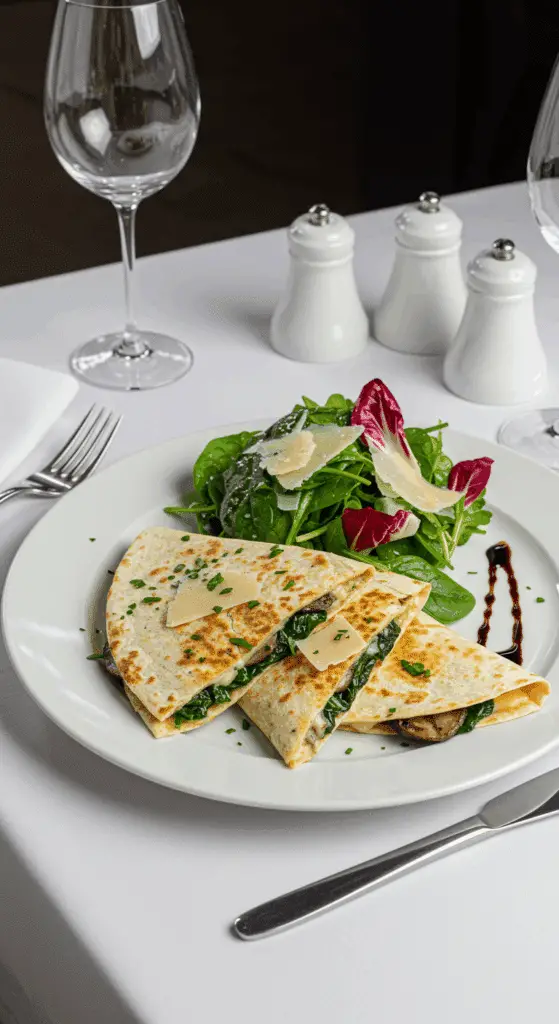 Service quesadillas veggie épinards portobellos salade