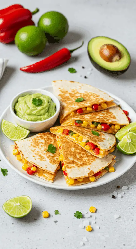Service quesadillas veggie guacamole citron présentation mexicaine colorée