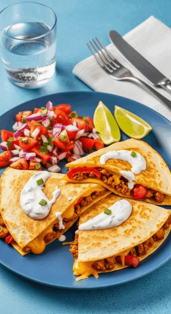 Service quesadillas veggie haché végétal crema salsa présentation moderne
