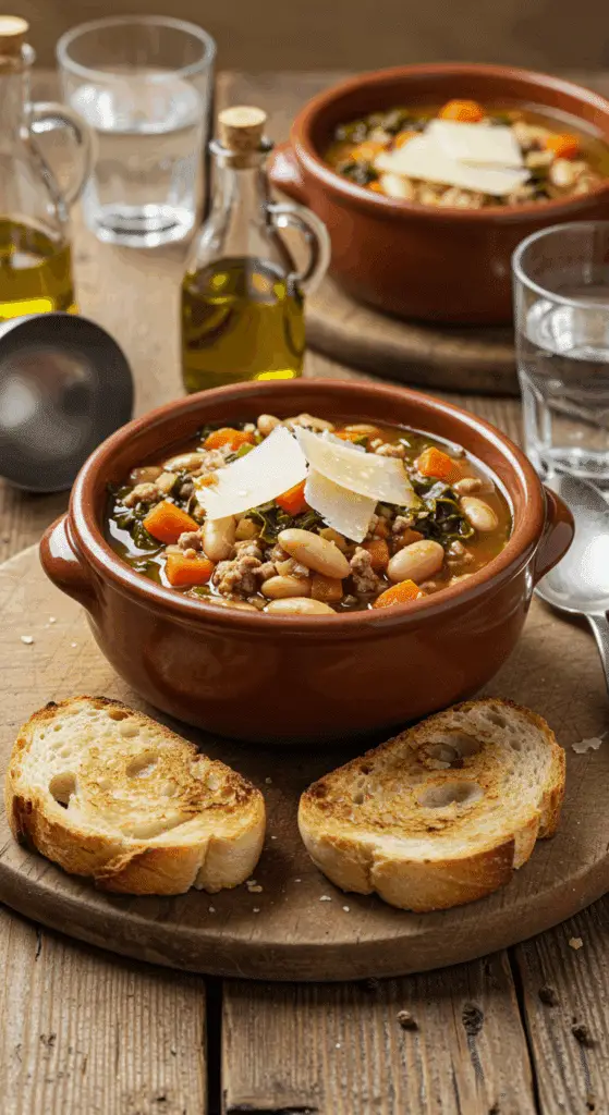 Service ribollita toscane Grana Padano bruschetta présentation rustique