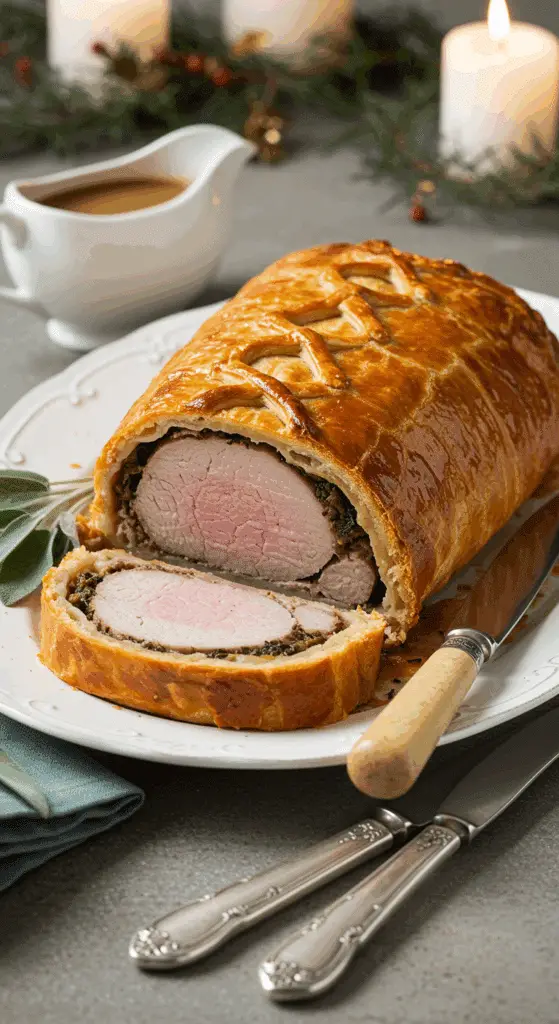 Service rôti porc sauge croûte tranché assiette jus sauce