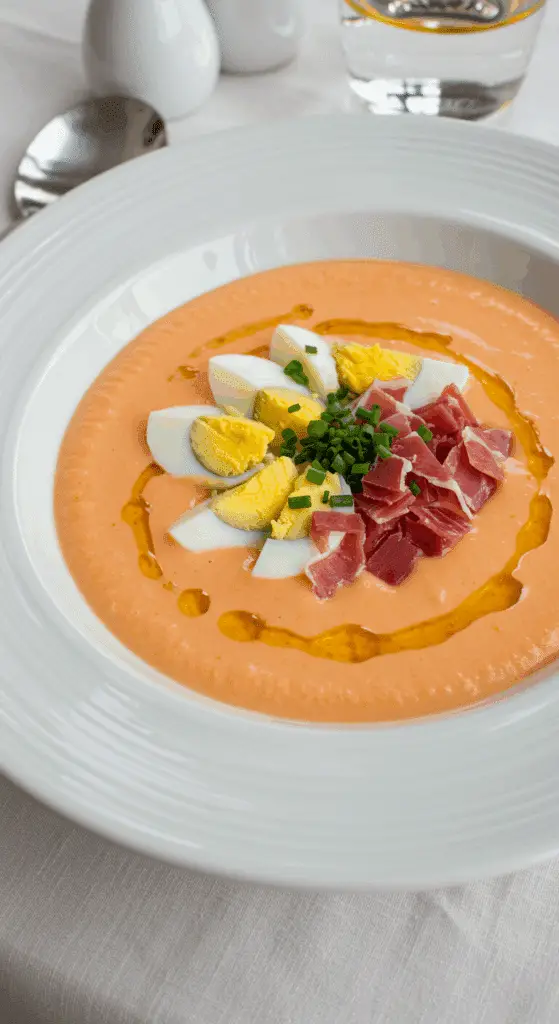 Service salmorejo cordobés garnitures œuf jambon présentation andalouse