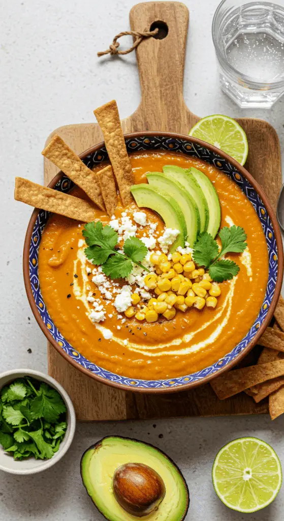 Service élégant soupe aztèque poivron maïs garnitures artistiques bol mexicain