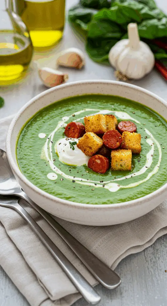 Service soupe blettes chorizo présentation artistique élégante