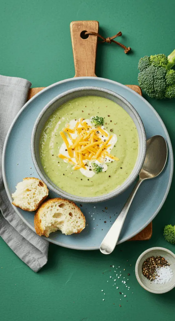 Service élégant soupe brocoli gouda crémeuse fromage fondu pain croûté