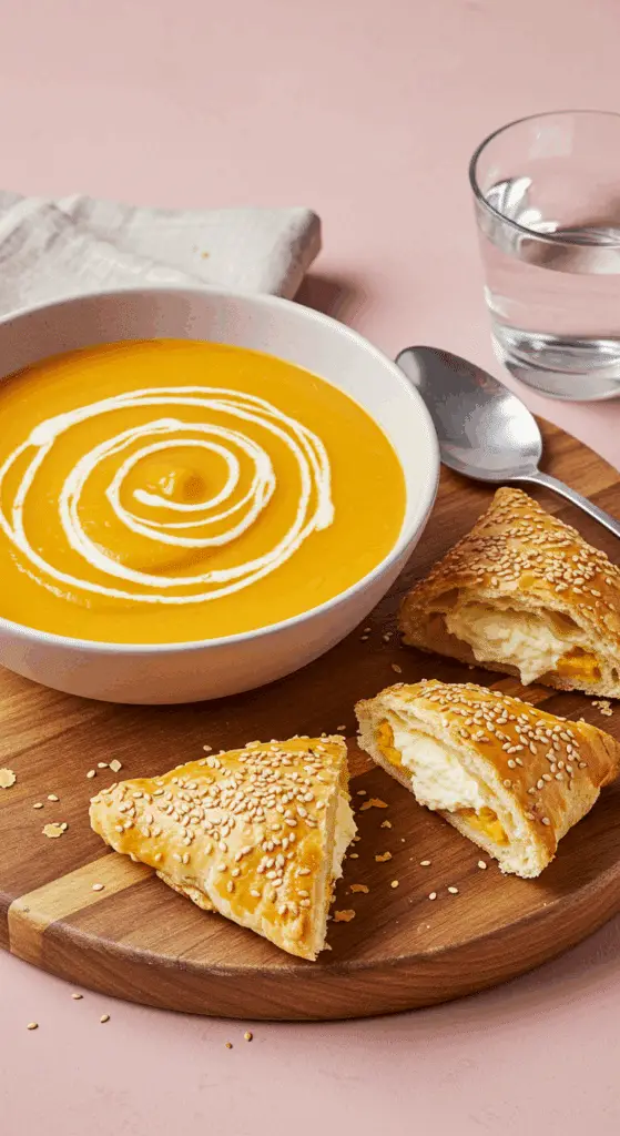 Service soupe carotte cumin tiropita présentation méditerranéenne élégante