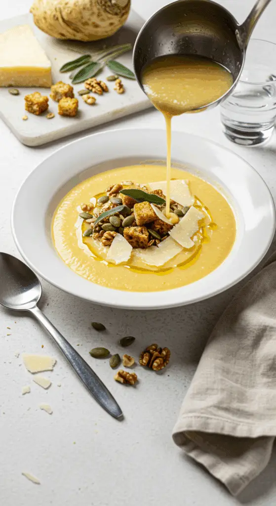 Service élégant de soupe céleri-carotte veloutée avec granola et parmesan dans bol blanc