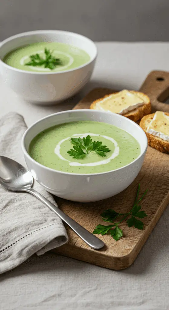Service soupe cerfeuil tartine brie présentation élégante française
