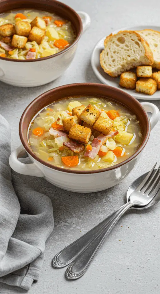 Service soupe chou lardons bols rustiques pain campagne