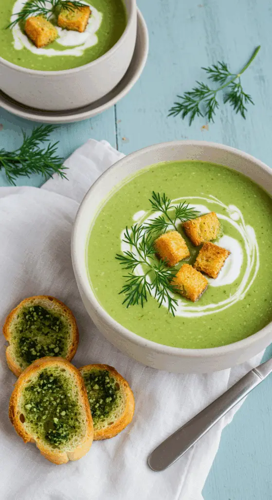 Service soupe courgette aneth yaourt grec tartines pesto été