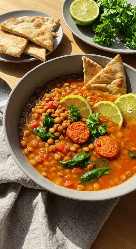 Service soupe lentilles chorizo chips maison persil citron