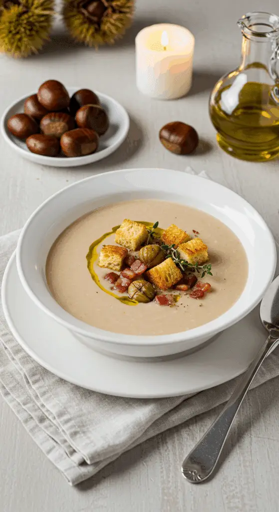 Service soupe marrons lardons garniture croustillante élégante
