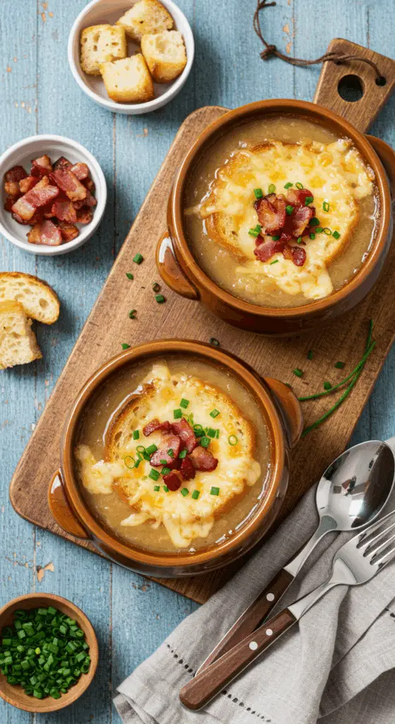 Service soupe oignon gratinée fromage doré bouillonnant croûtons champignons lardons
