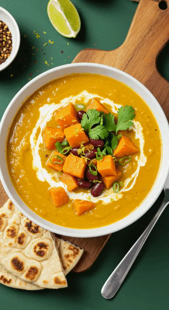 Service élégant soupe patate douce lait coco masala bol complet pain naan