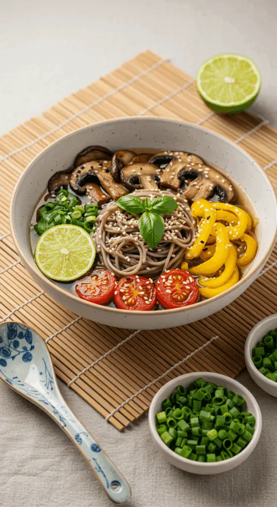 Service soupe soba champignons présentation stratifiée japonaise