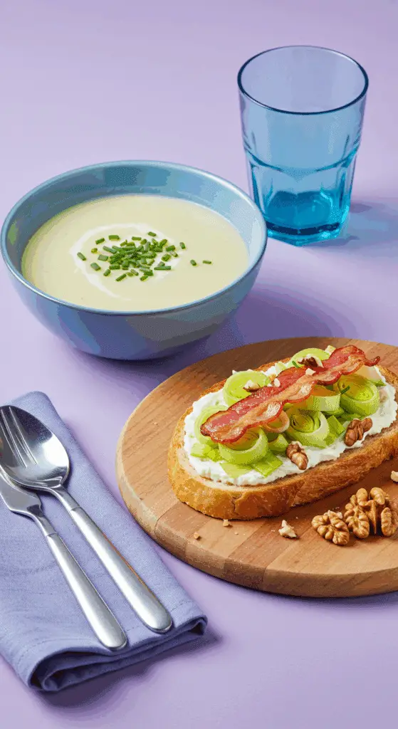 Service soupe tartine poireaux lardons présentation élégante moderne