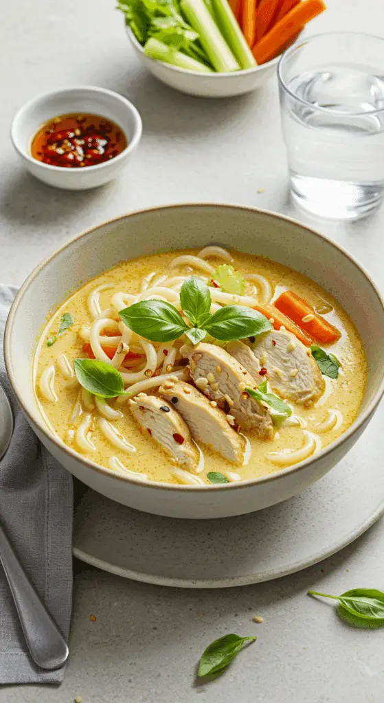 Service soupe udon poulet coco présentation fusion élégante