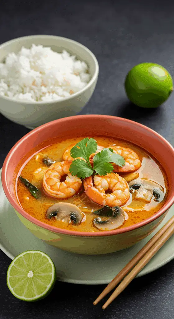 Service tom yum soupe thaï avec riz jasmin herbes fraîches