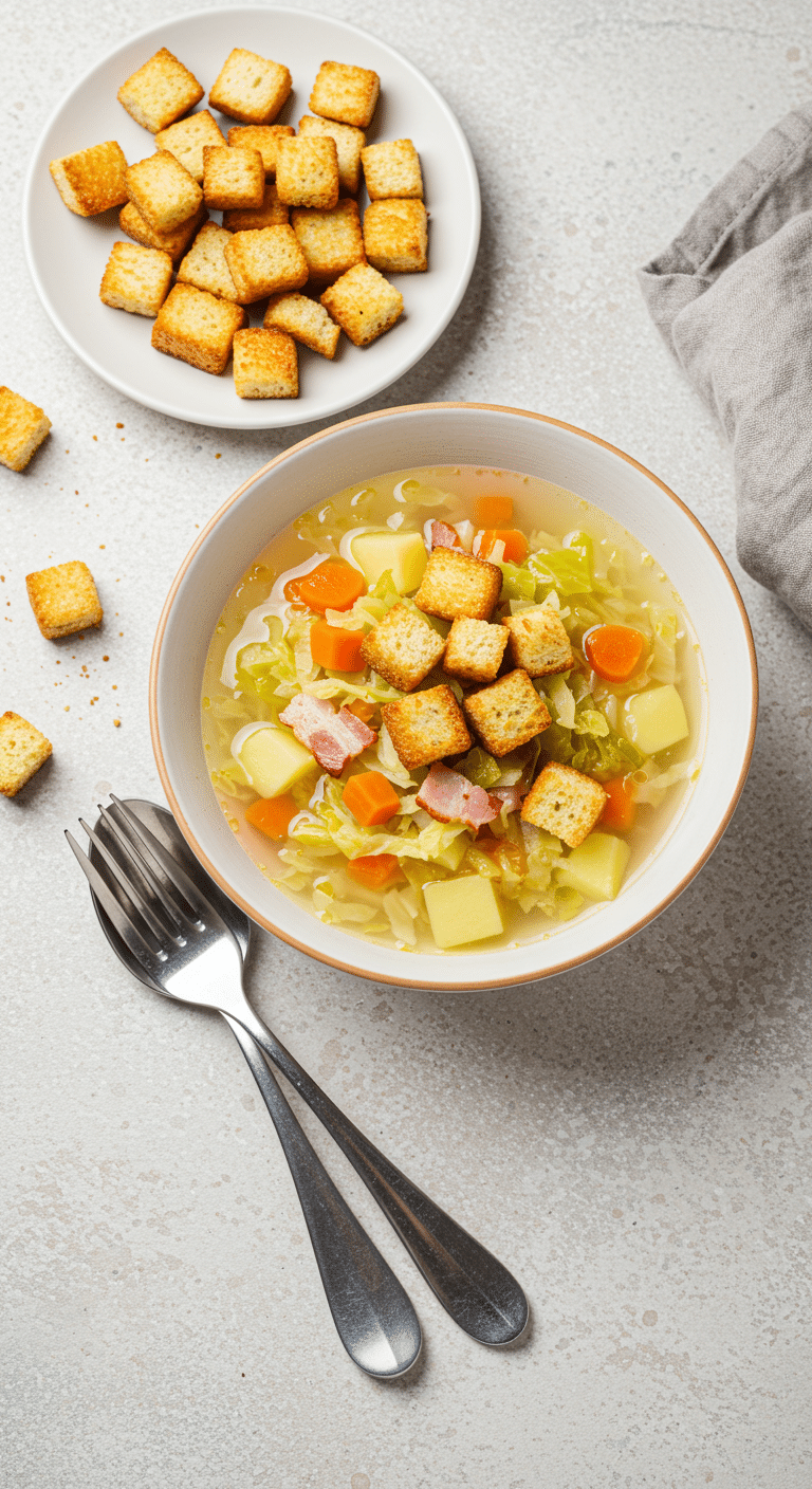 Soupe au chou lardons grand-mère bol terre cuite croûtons