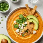 Soupe aztèque poivron maïs orange vibrante garnitures mexicaines colorées bol