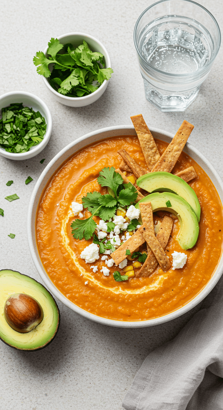 Soupe aztèque poivron maïs orange vibrante garnitures mexicaines colorées bol