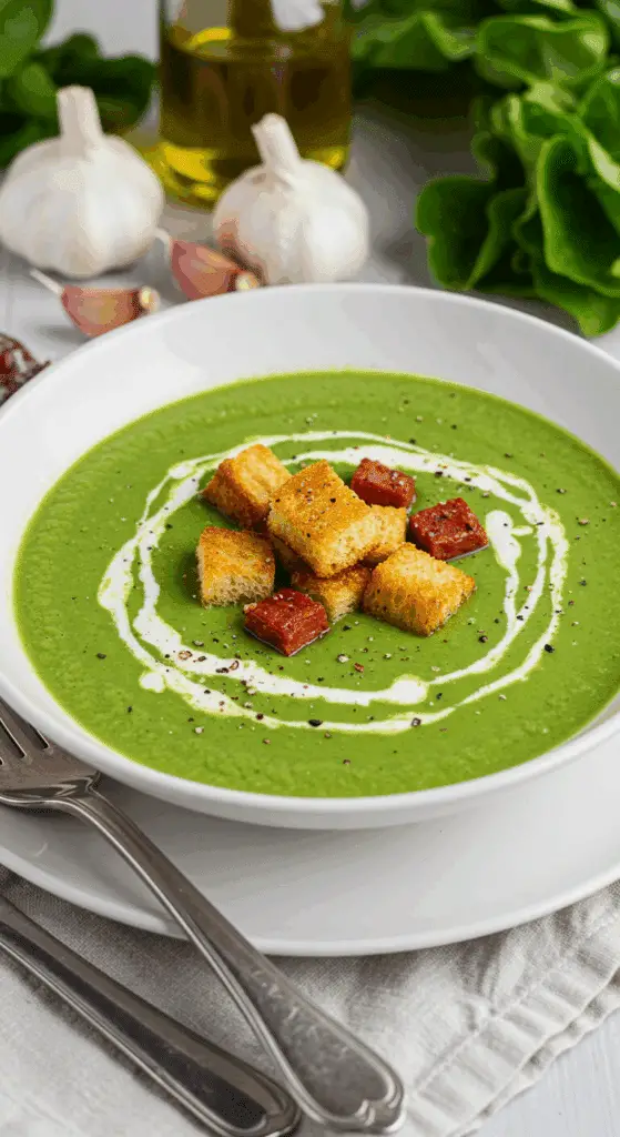 Soupe blettes dés chorizo crémeuse bol rustique garniture croustillante