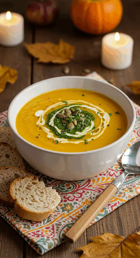 Soupe butternut gingembre servie bol pesto coriandre graines courge pain