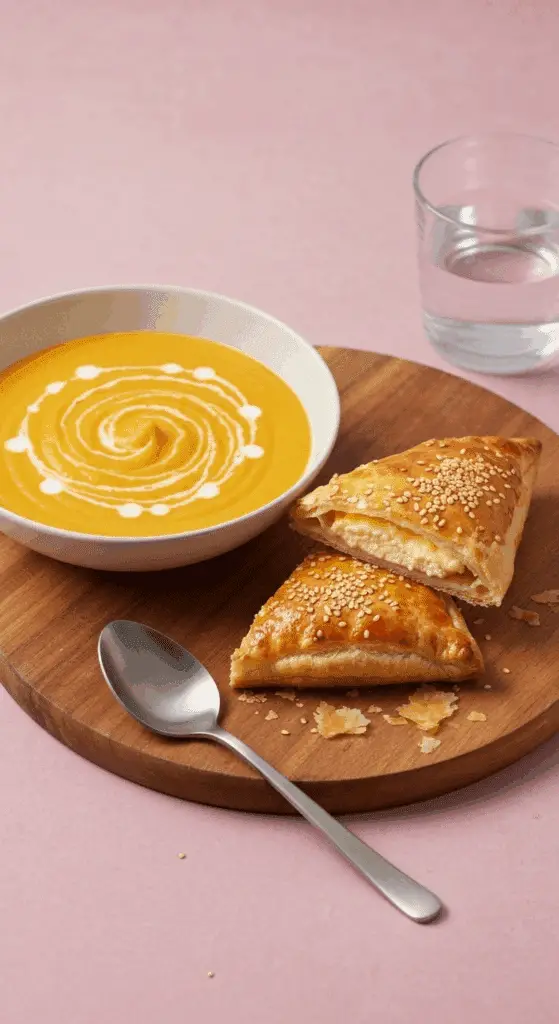 Soupe carotte cumin tiropita feuilletés feta méditerranéenne